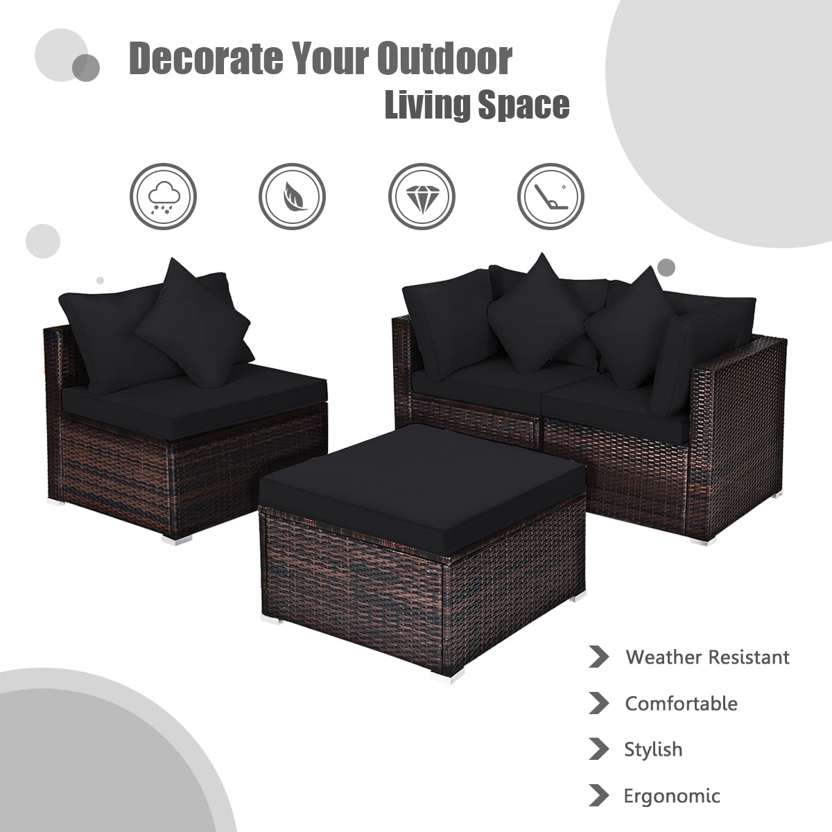 4 Pieces Ottoman Garden Patio Rattan Wicker Furniture Set with Cushion, Black Outdoor Sectionals at Gallery Canada