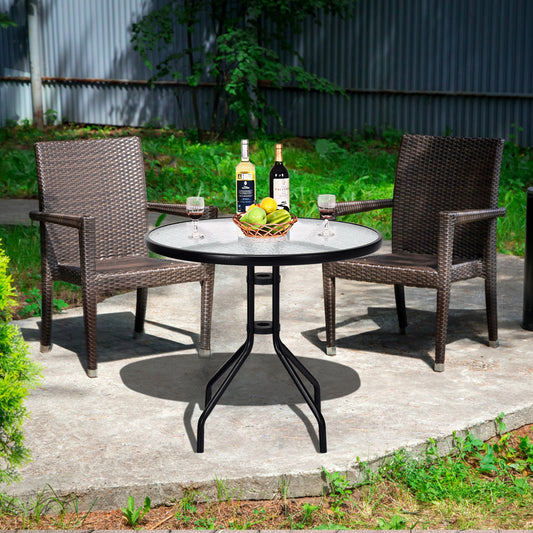 32 Inch Outdoor Patio Round Tempered Glass Table With Umbrella Hole, Transparent