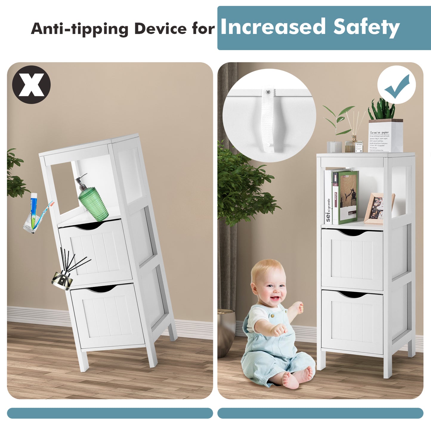 Freestanding Storage Cabinet with 2 Removable Drawers for Bathroom, White Floor Cabinets at Gallery Canada