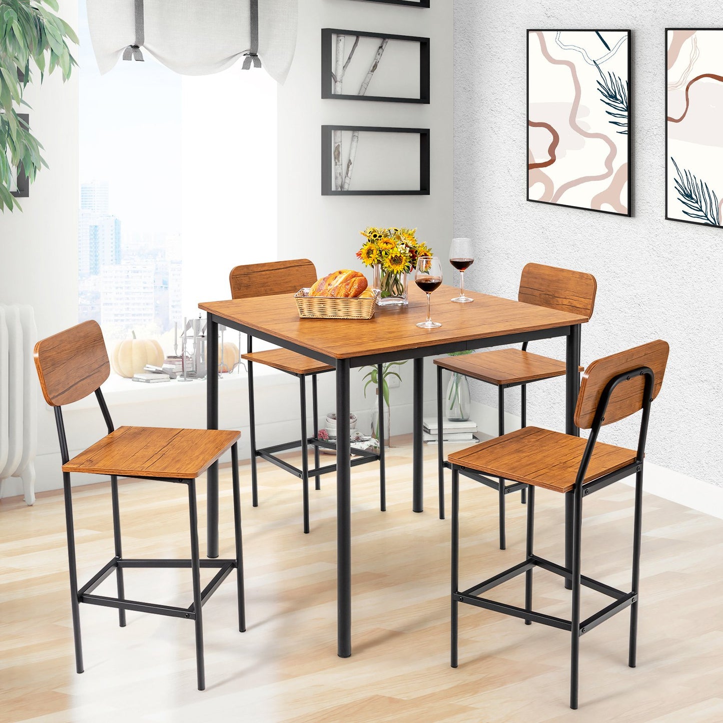 5 Pieces Industrial Dining Table Set with Counter Height Table and 4 Bar Stools, Walnut at Gallery Canada