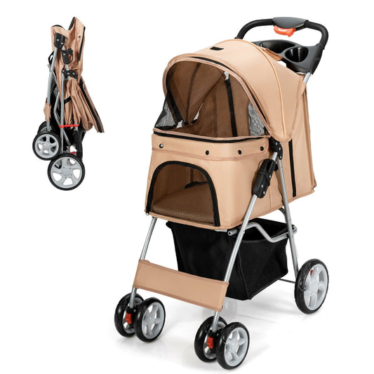 Foldable 4-Wheel Pet Stroller with Storage Basket, Beige
