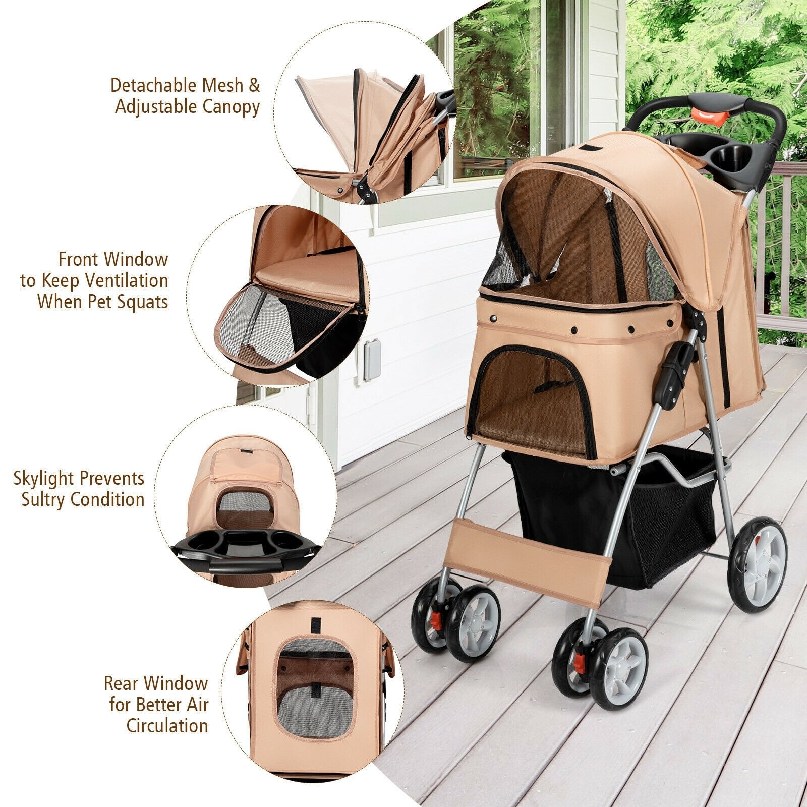 Foldable 4-Wheel Pet Stroller with Storage Basket, Beige at Gallery Canada