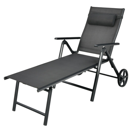 Patio Lounge Chair with Wheels Neck Pillow Aluminum Frame Adjustable, Gray at Gallery Canada
