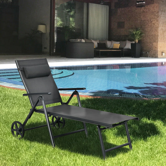 Patio Lounge Chair with Wheels Neck Pillow Aluminum Frame Adjustable, Gray Outdoor Chaise Lounges Gray at Gallery Canada