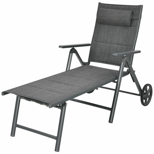 Patio Reclining Chaise Lounge with Adjust Neck Pillow, Gray at Gallery Canada
