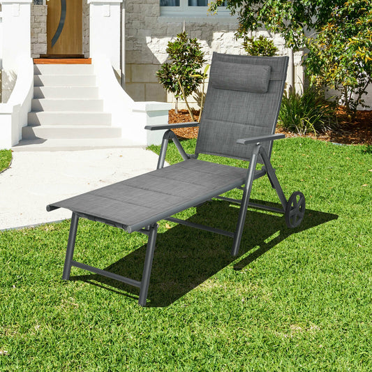 Patio Reclining Chaise Lounge, Adjustable Neck Pillow, Gray