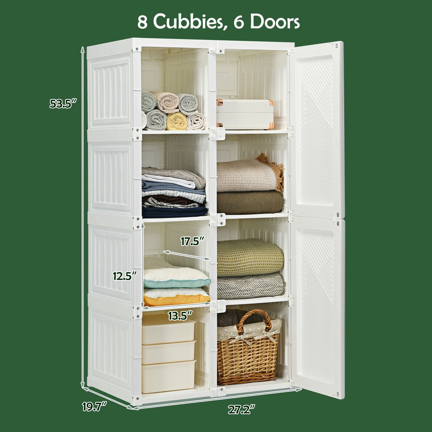 Foldable Armoire Wardrobe Closet with 8 Cubby Storage, White