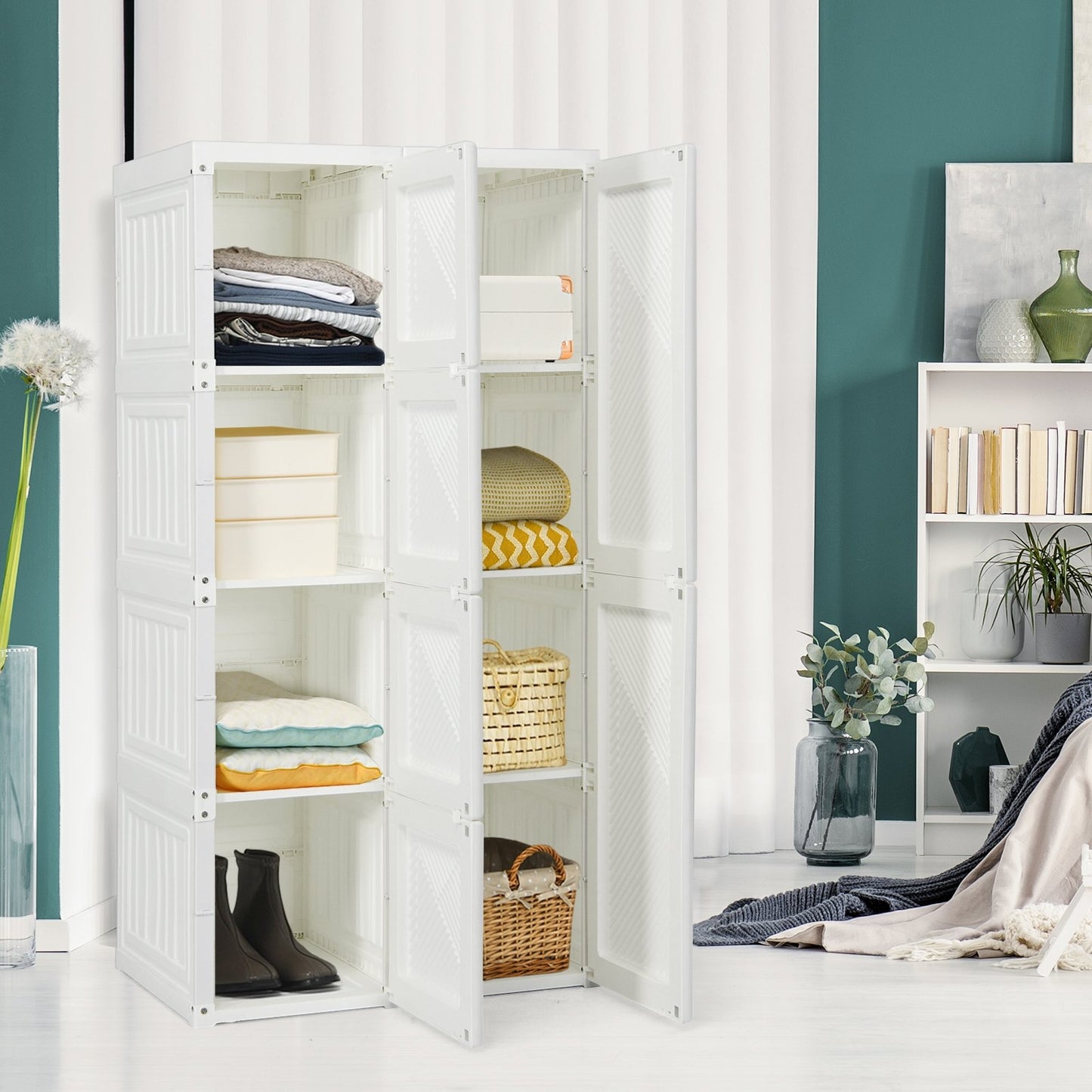 Foldable Armoire Wardrobe Closet with 8 Cubby Storage, White