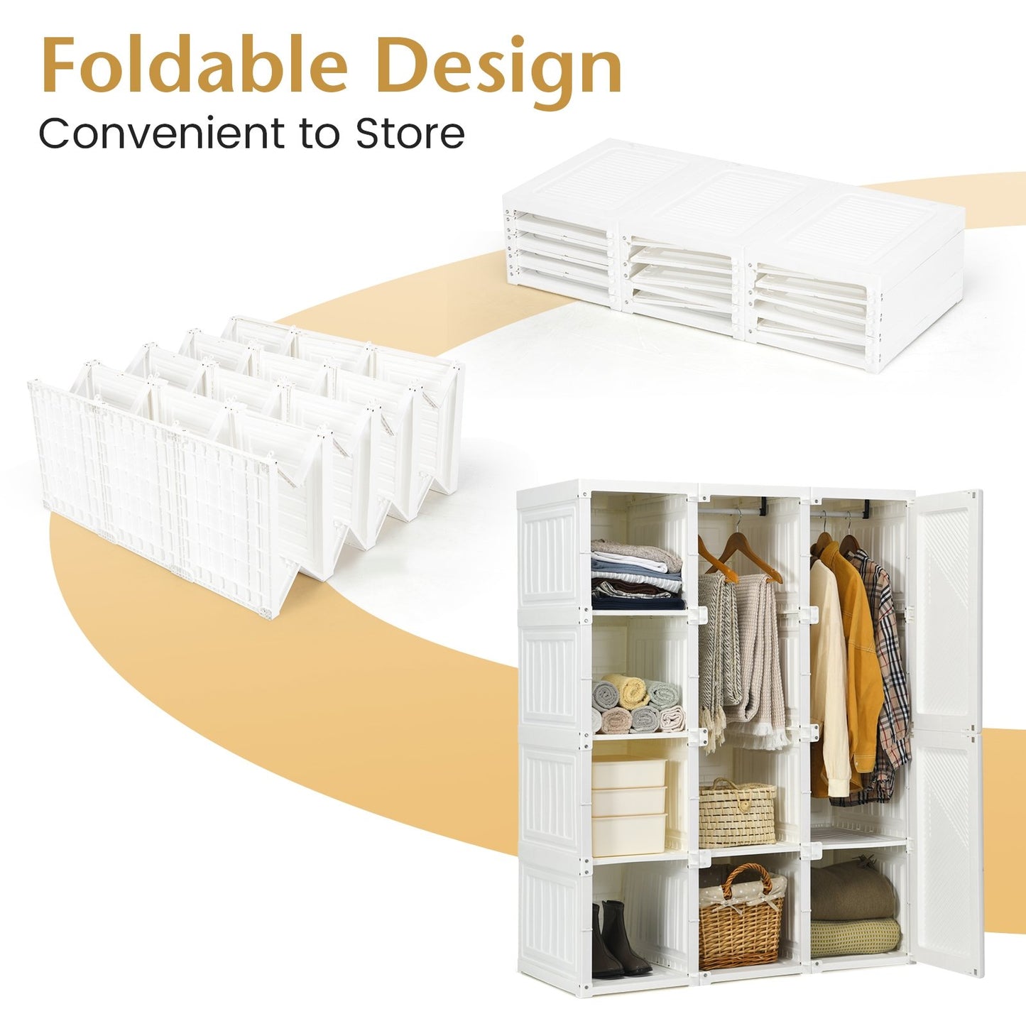 Foldable Closet Clothes Organizer with 8 Cubby Storage, White