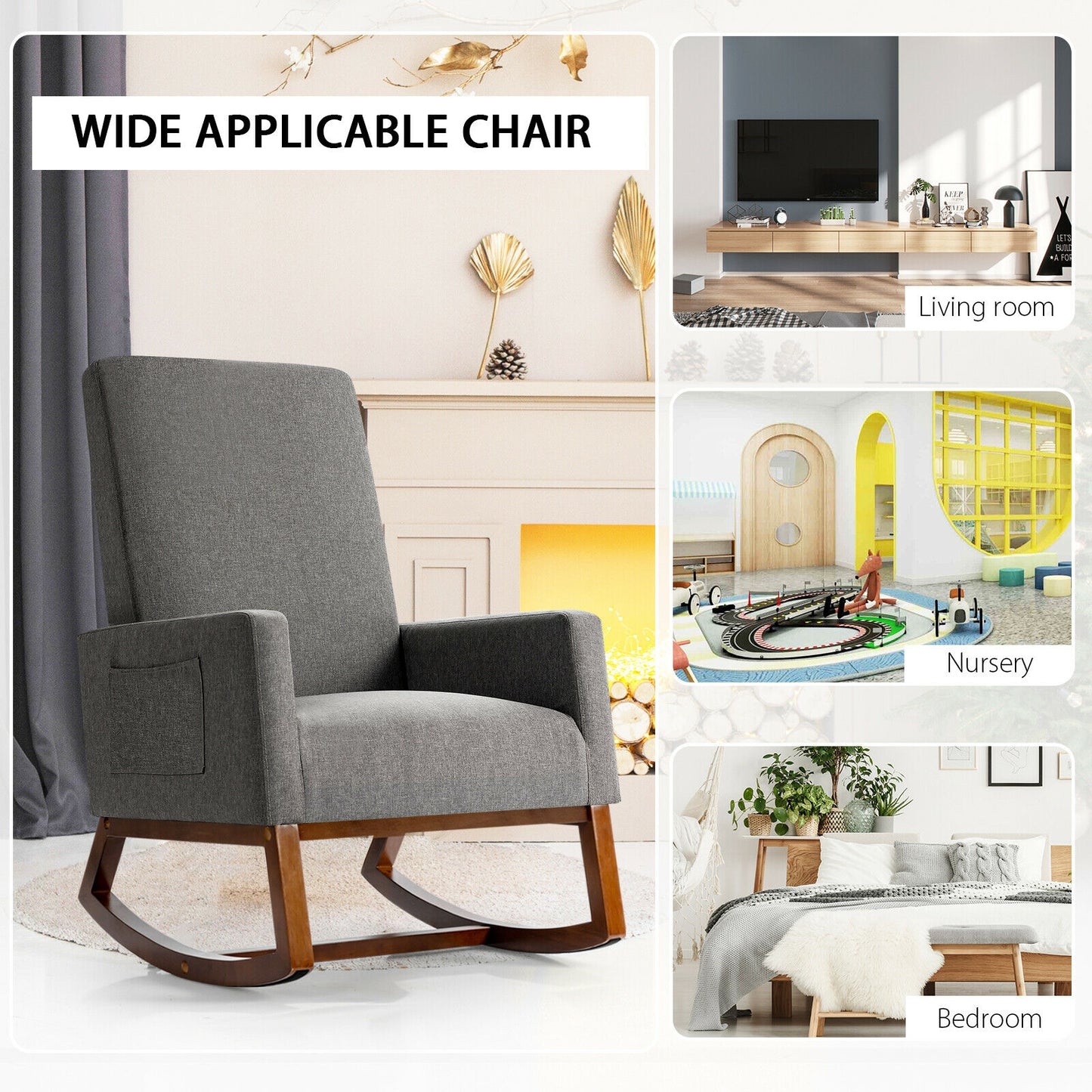 Rocking High Back Upholstered Lounge Armchair, Gray Accent Chairs at Gallery Canada