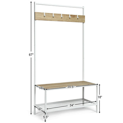 3-in-1 Industrial Coat Rack with 2-Tier Storage Bench and 5 Hooks, Natural