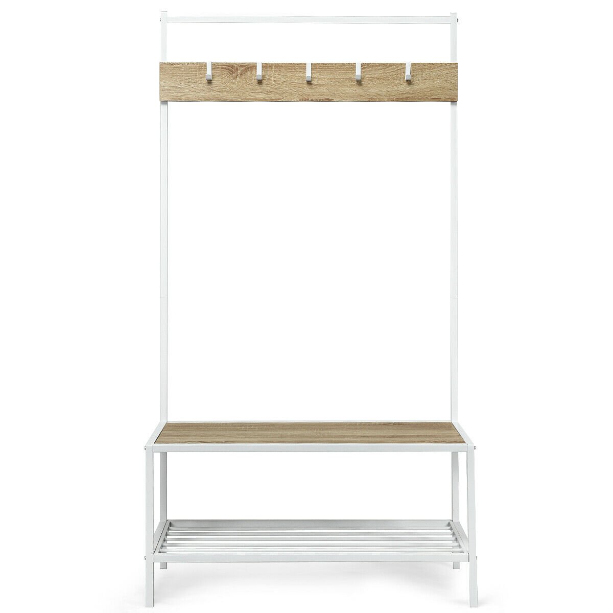 3-in-1 Industrial Coat Rack with 2-Tier Storage Bench and 5 Hooks, Natural