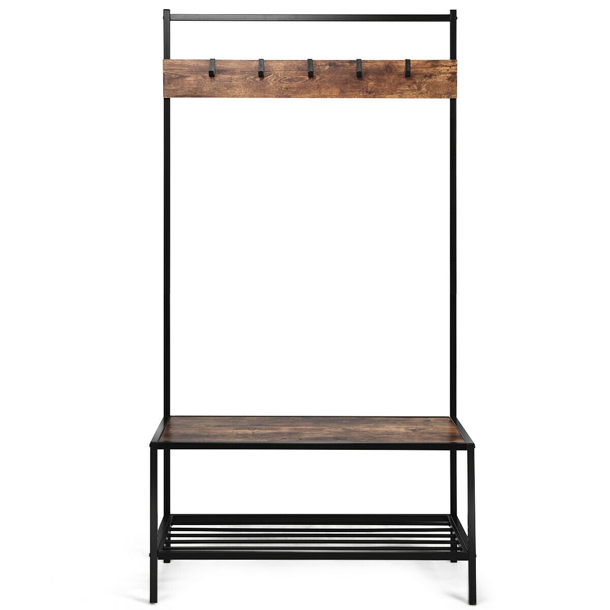 3-in-1 Industrial Coat Rack with 2-Tier Storage Bench and 5 Hooks, Brown at Gallery Canada