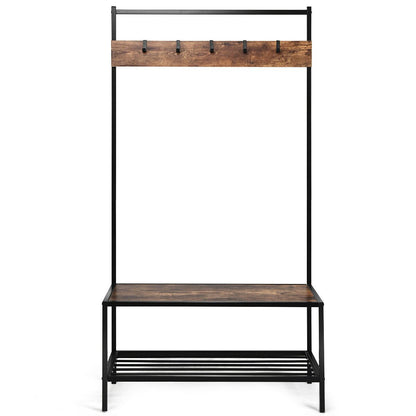 3-in-1 Industrial Coat Rack with 2-Tier Storage Bench and 5 Hooks, Brown at Gallery Canada