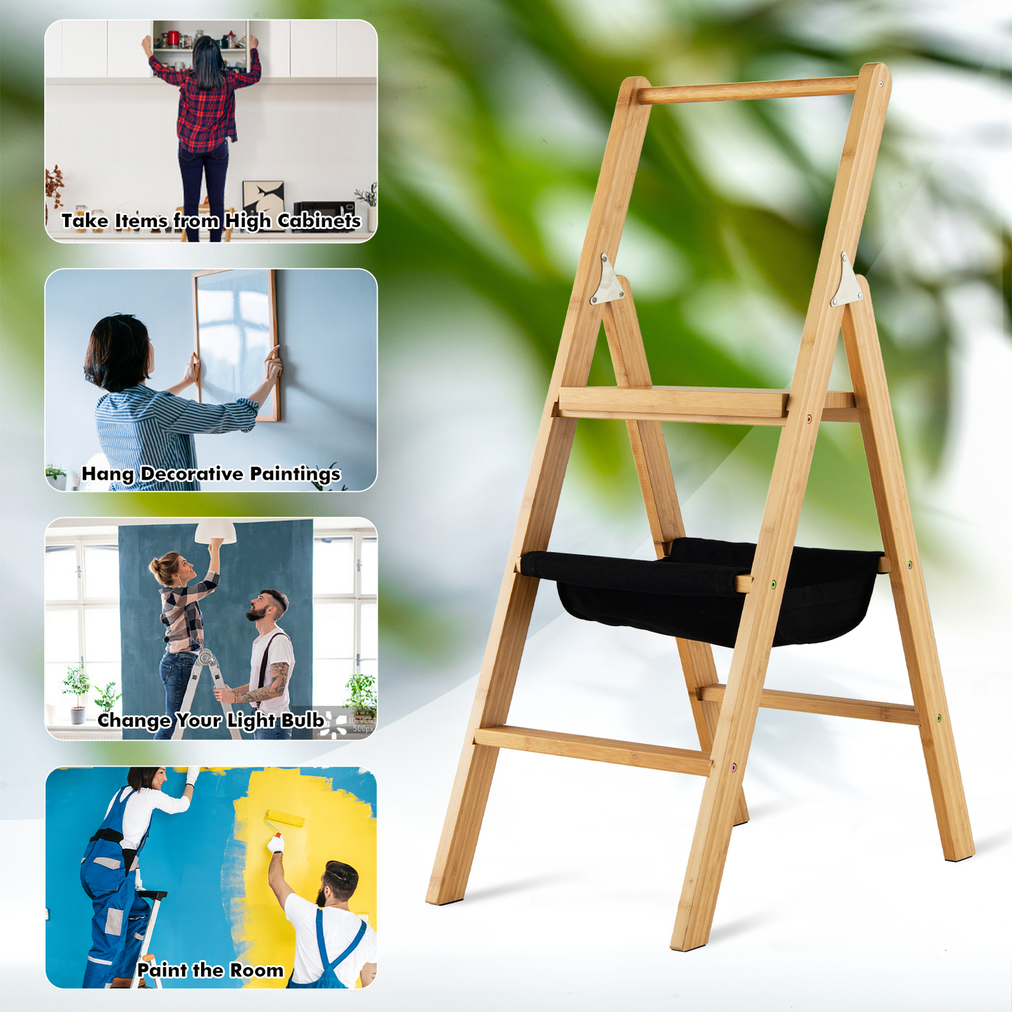 3 Step Foldable Bamboo Step Ladder Stool with Tool Storage Bag, Natural Ladders at Gallery Canada