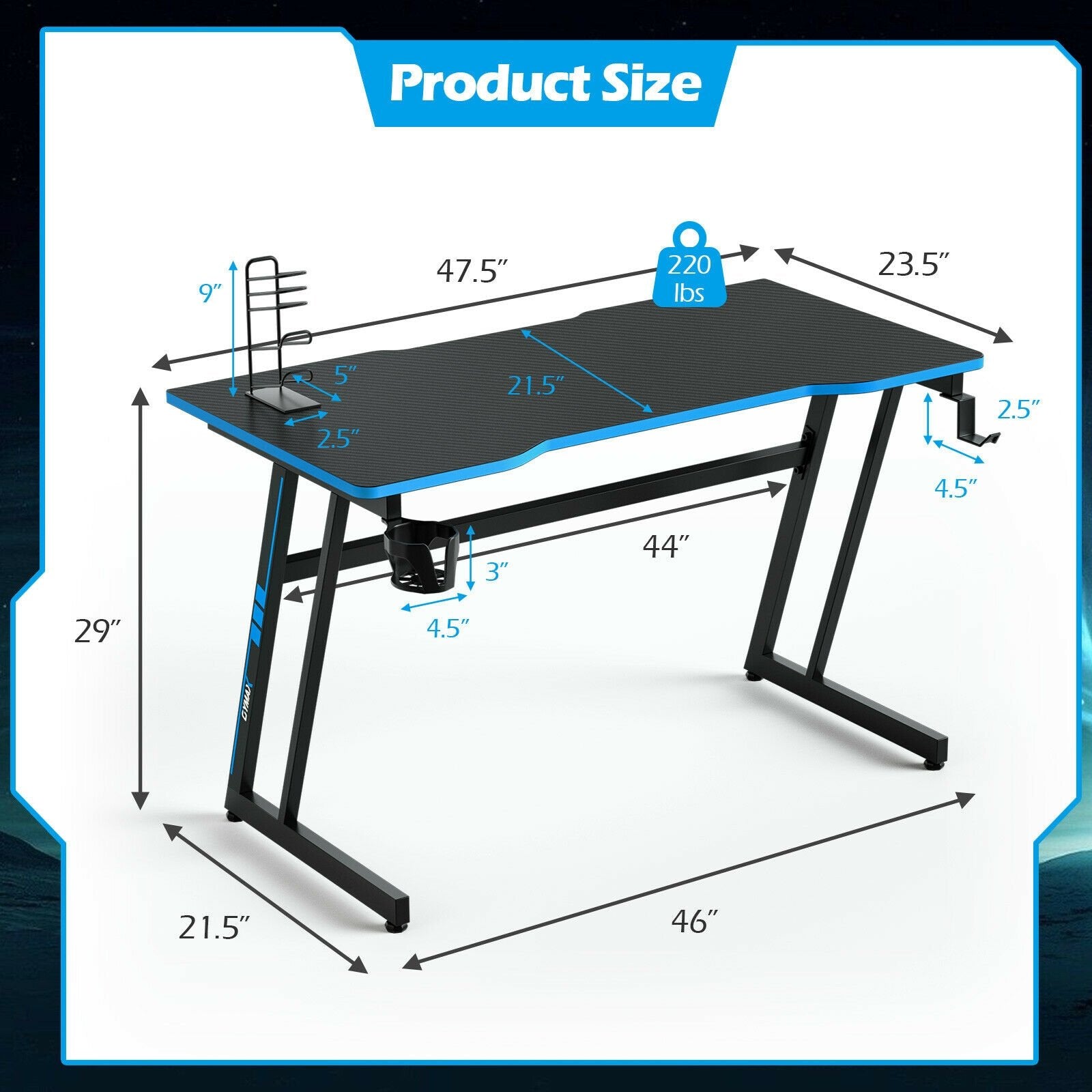 47.5 Inch Z-Shaped Computer Gaming Desk with Handle Rack, Blue at Gallery Canada