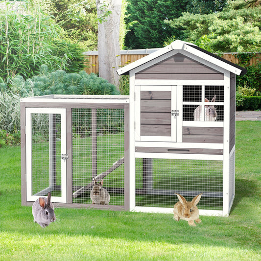 2-Story Wooden Rabbit Hutch With Running Area, Gray
