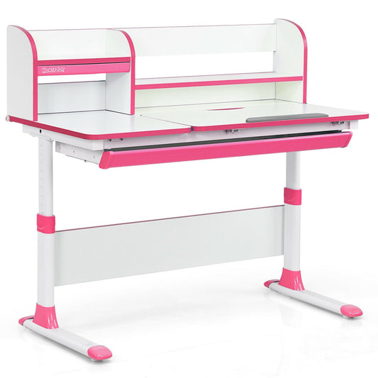 Adjustable Height Study Desk with Drawer and Tilted Desktop for School and Home, Pink