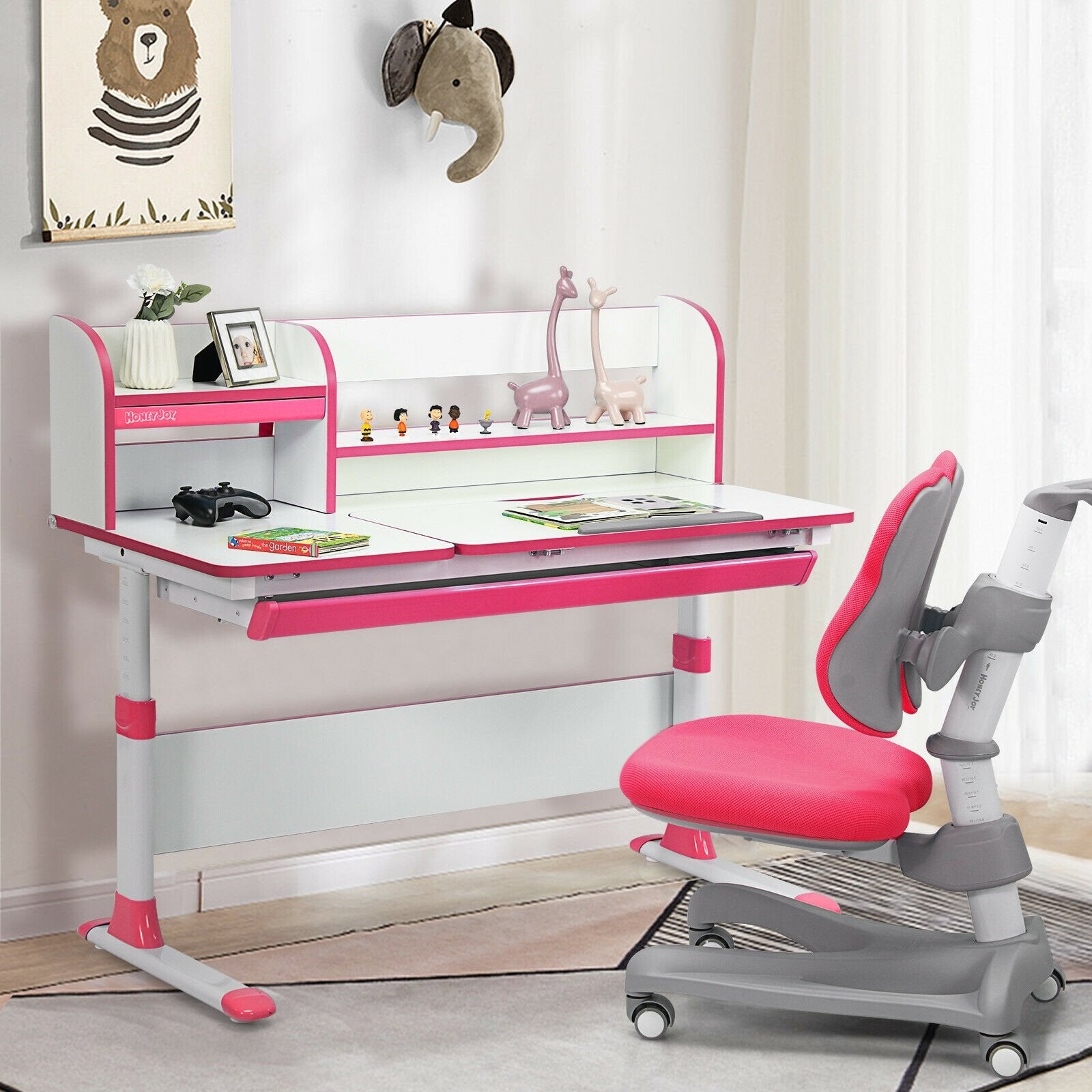 Adjustable Height Study Desk with Drawer and Tilted Desktop for School and Home, Pink at Gallery Canada