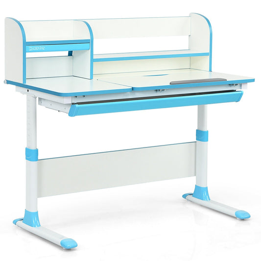 Adjustable Height Study Desk with Drawer and Tilted Desktop for School and Home, Blue
