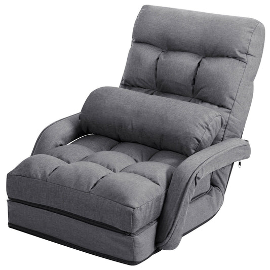Folding Lazy Floor Chair Sofa with Armrests and Pillow, Gray