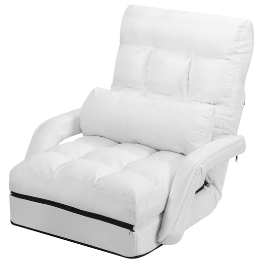 Folding Lazy Floor Chair Sofa with Armrests and Pillow, White