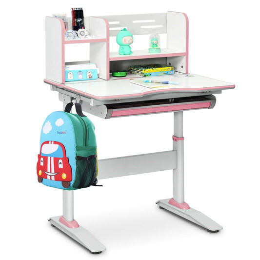 Kids Multifunctional Writing Desk with Tilt Desktop and Book Shelf, Pink