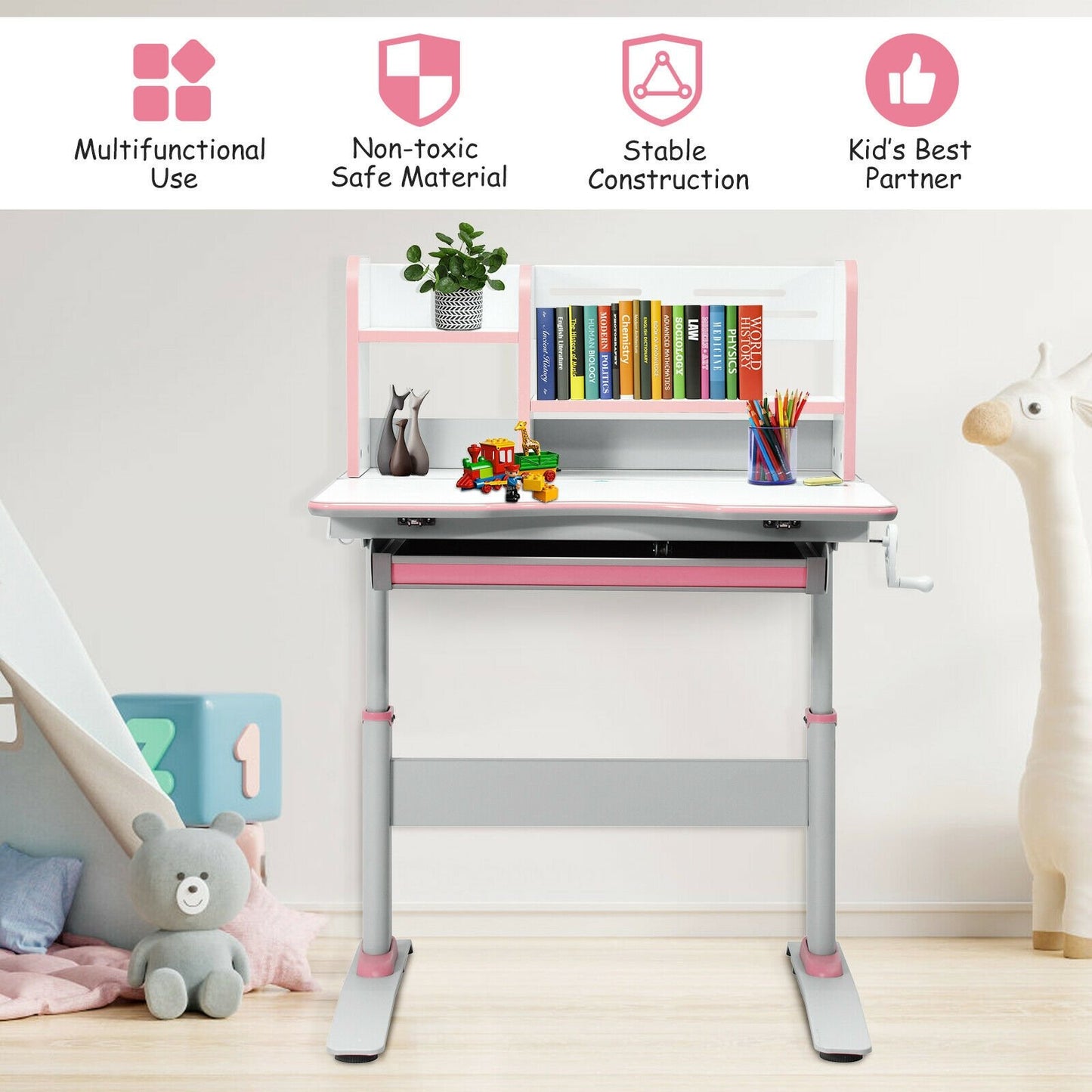 Kids Multifunctional Writing Desk with Tilt Desktop and Book Shelf, Pink at Gallery Canada
