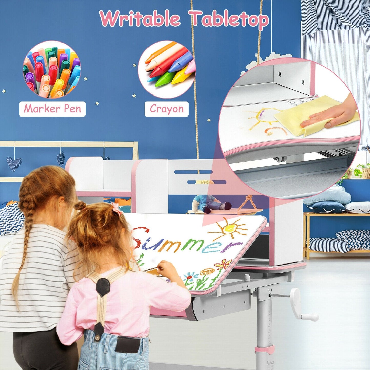 Kids Multifunctional Writing Desk with Tilt Desktop and Book Shelf, Pink at Gallery Canada