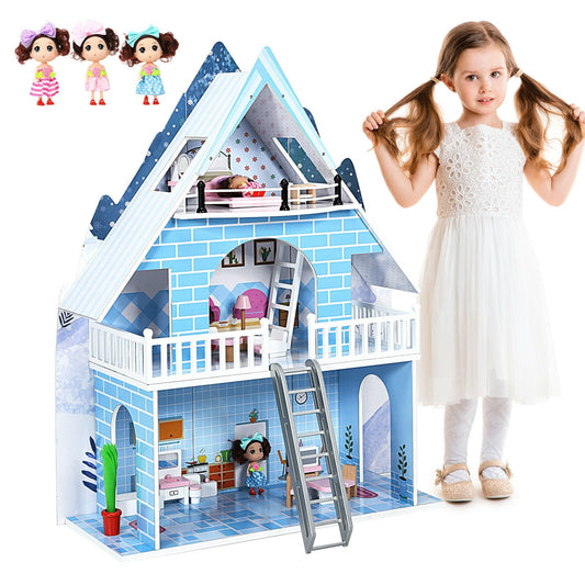 Wooden Dollhouse 3-Story Pretend Playset with Furniture and Doll Gift for Age 3+ Year, Blue at Gallery Canada