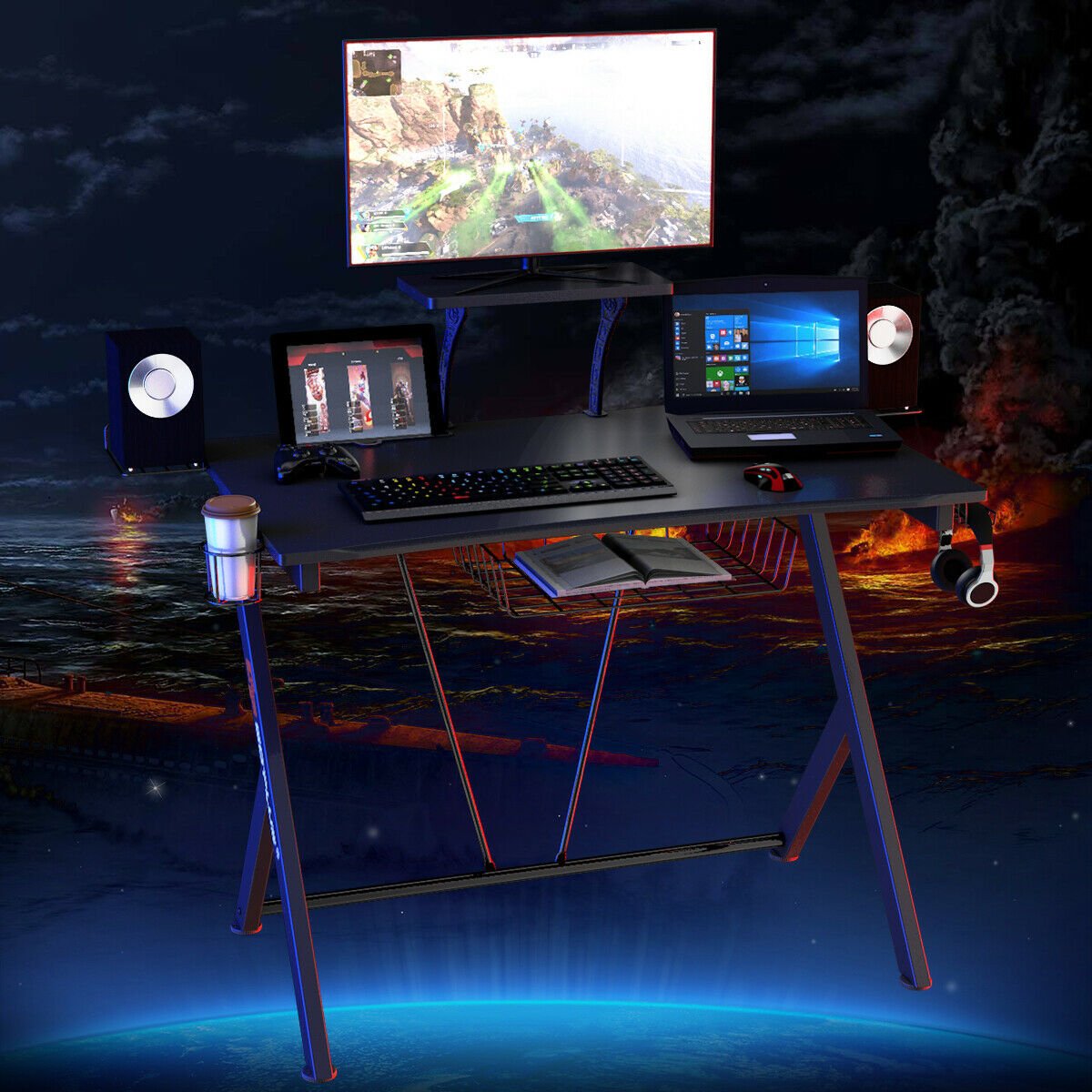 Multifunctional E-Sport Gaming Desk with Headset Hook and Cup Holder, Black at Gallery Canada
