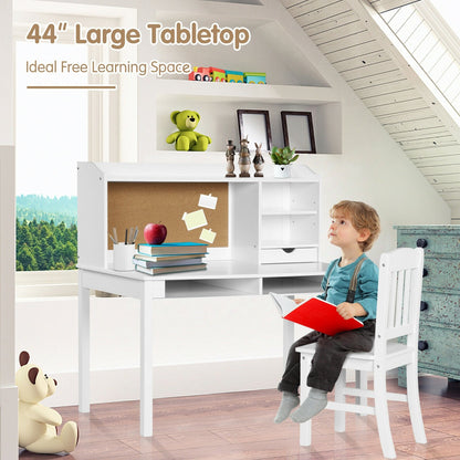 Kids Desk and Chair Set Study Writing Desk with Hutch and Bookshelves, White