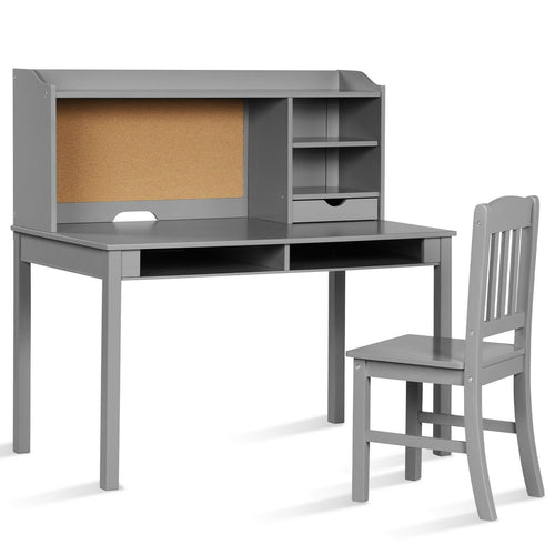 Kids Desk and Chair Set Study Writing Desk with Hutch and Bookshelves, Gray