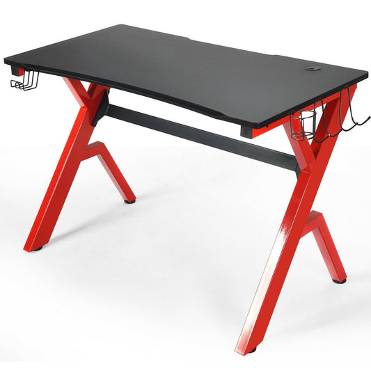 Ergonomic Gaming Desk with Carbon Fiber Surface and R-Shape Steel Frame, Black & Red