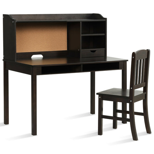 Kids Desk and Chair Set Study Writing Desk with Hutch and Bookshelves, Brown
