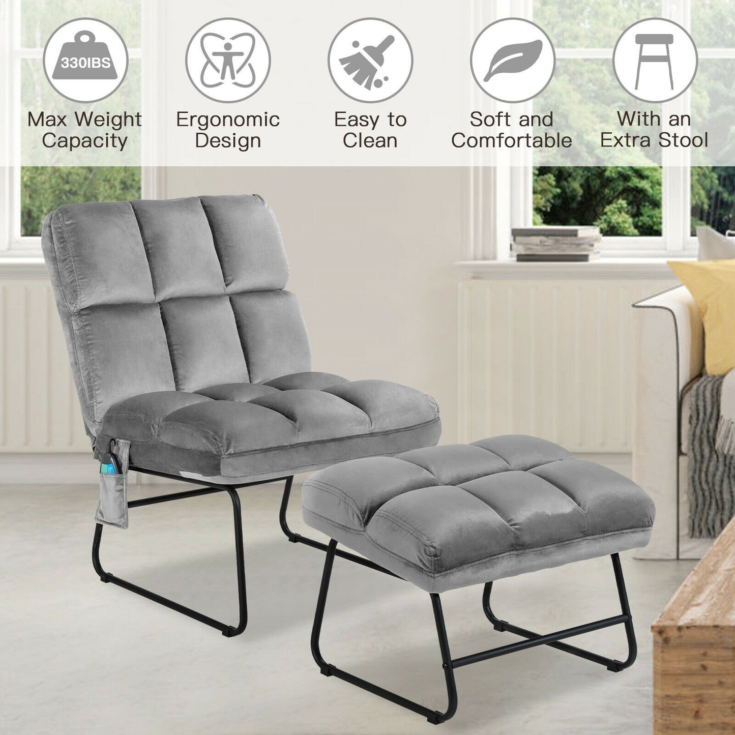 Massage Chair Velvet Accent Sofa Chair with Ottoman and Remote Control - Gray, Gray