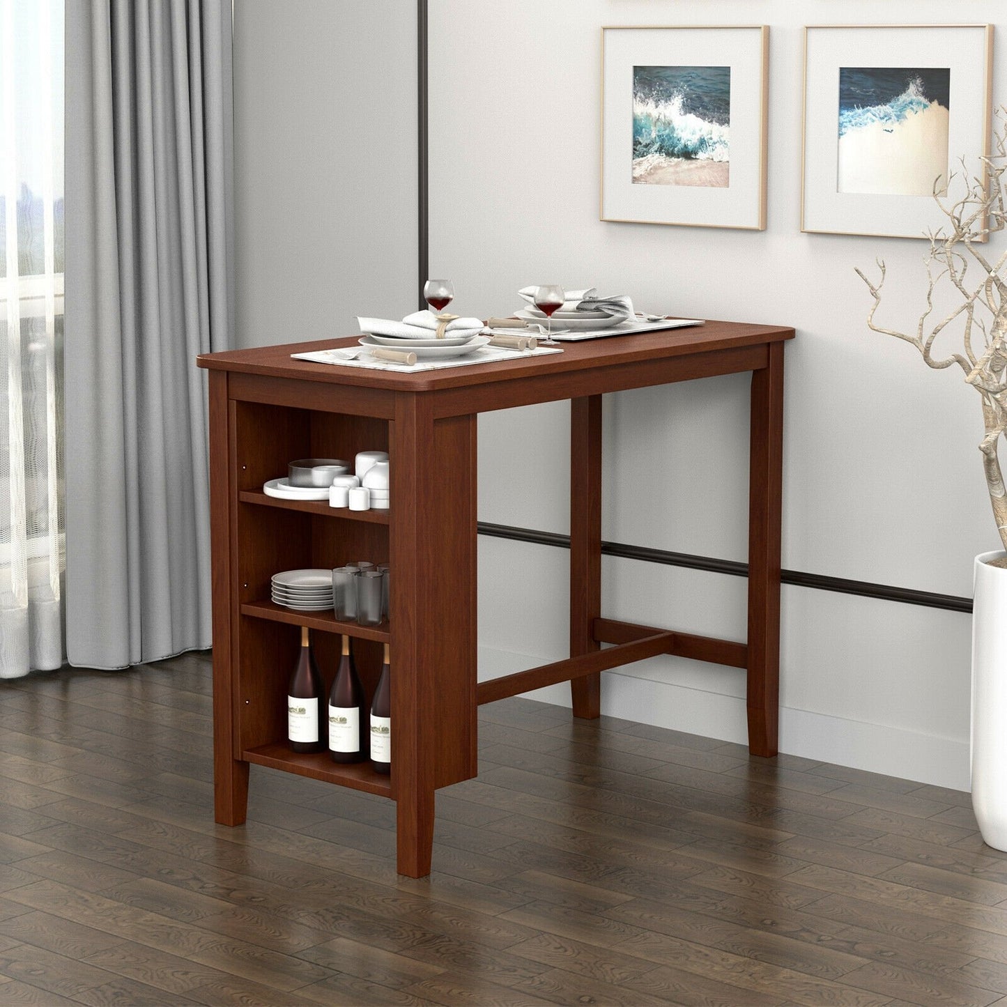Counter Height Bar Table with 3-Tier Storage Shelves for Home Restaurant, Walnut