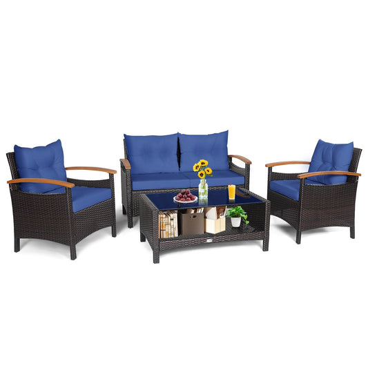 4 Pieces Patio Rattan Furniture Set with Cushioned Sofa and Storage Table, Navy at Gallery Canada