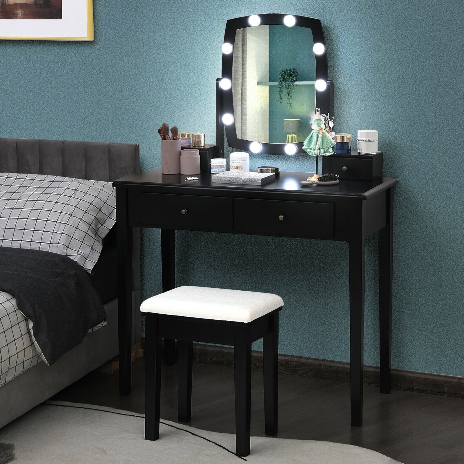 Vanity Table Set with Lighted Mirror for Bedroom and Dressing Room, Black at Gallery Canada