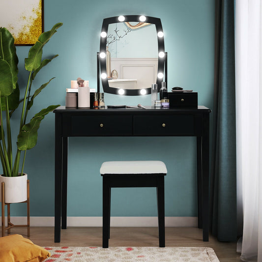 Vanity Table Set with Lighted Mirror for Bedroom and Dressing Room, Black Makeup Vanities Black at Gallery Canada