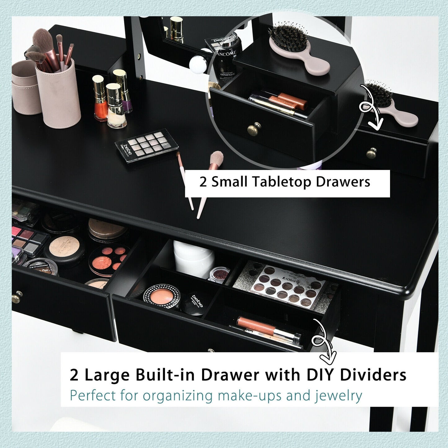 Vanity Table Set with Lighted Mirror for Bedroom and Dressing Room, Black Makeup Vanities at Gallery Canada