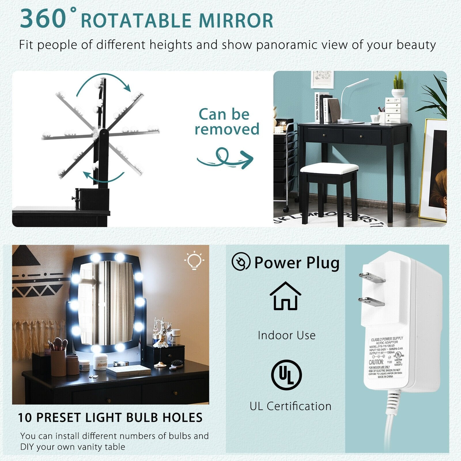 Vanity Table Set with Lighted Mirror for Bedroom and Dressing Room, Black at Gallery Canada