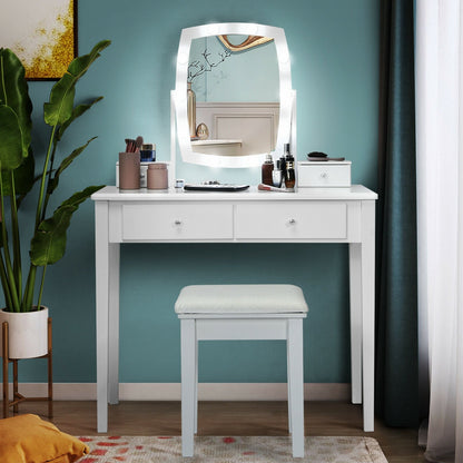 Vanity Table Set with Lighted Mirror for Bedroom and Dressing Room, White