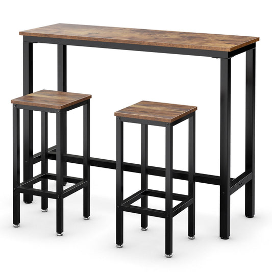 3 Pieces Bar Table Counter Breakfast Bar Dining Table with Stools, Brown
