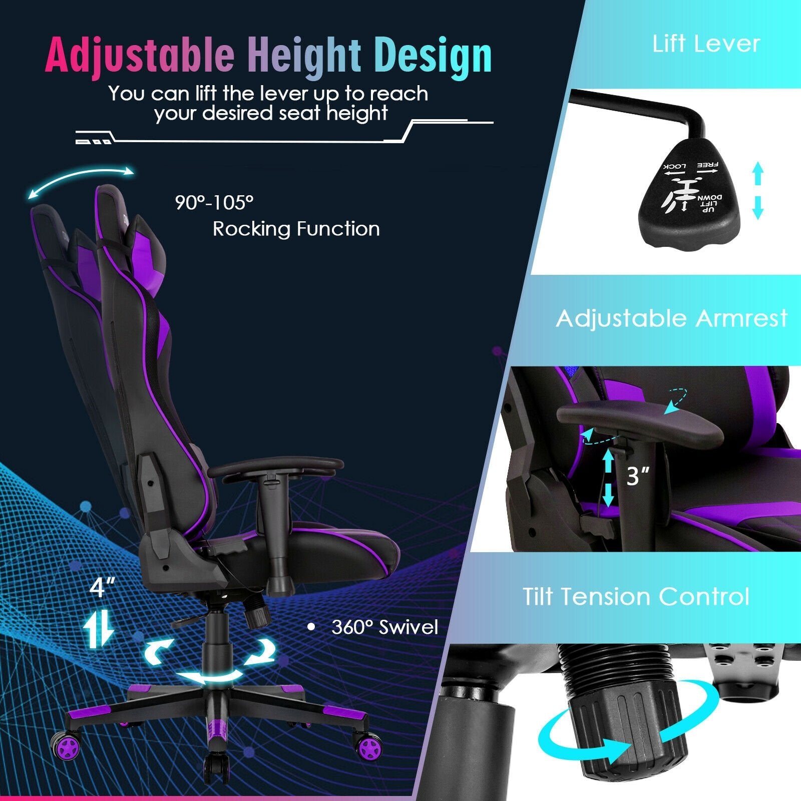 Gaming Chair Adjustable Swivel Computer Chair with Dynamic LED Lights, Purple at Gallery Canada