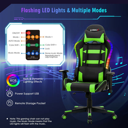 Adjustable Swivel Gaming Chair with LED Lights and Remote, Green at Gallery Canada