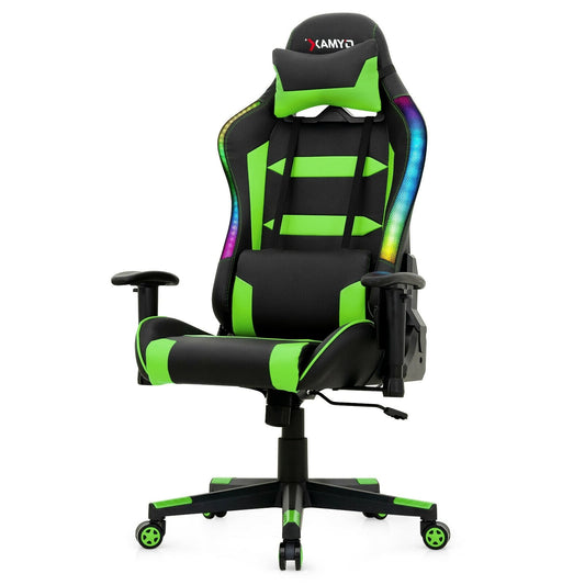 Adjustable Swivel Gaming Chair with LED Lights and Remote, Green