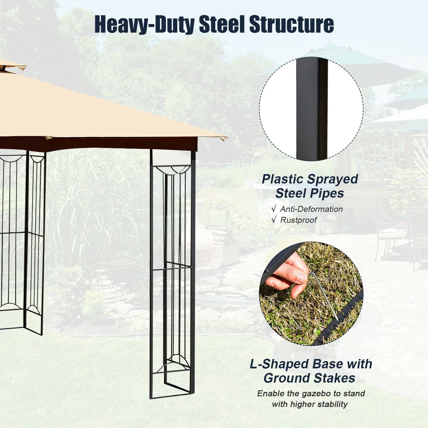 10x10 Feet L-Shaped Patio Canopy Gazebo, 2-Tier Steel Tent, Beige Gazebos at Gallery Canada
