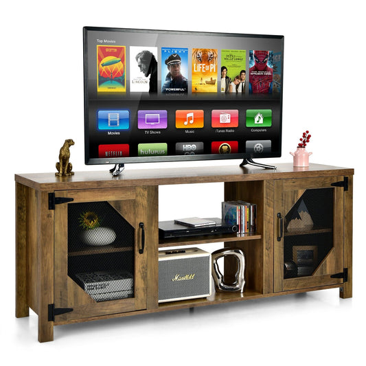 TV Stand Entertainment Media Center for TVs up to 65-Inch with Steel Mesh Doors, Rustic Brown at Gallery Canada