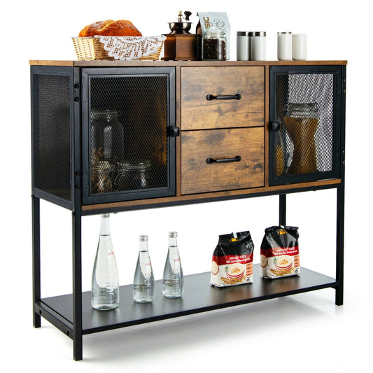 Industrial Buffet Sideboard Kitchen Cupboard with Metal Mesh Doors and 2 Drawers, Rustic Brown at Gallery Canada